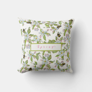 Spring garden blooms and bumblebees throw pillow
