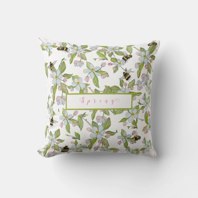 Spring garden blooms and bumblebees throw pillow (Front)