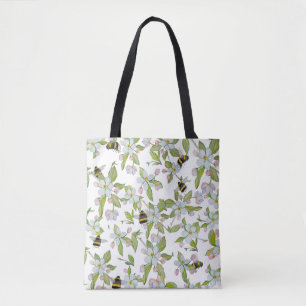 Spring garden blooms and bumblebees tote bag
