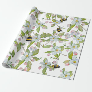 Spring garden blossoms and bumblebees wrapping paper