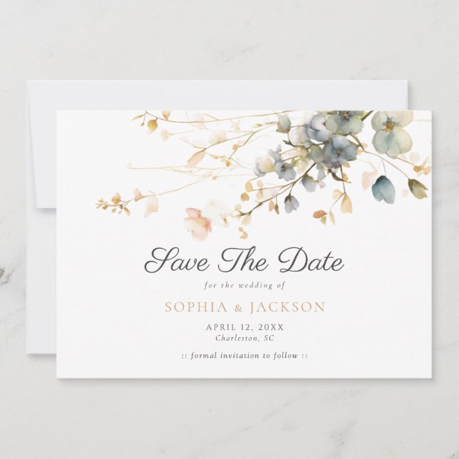 Spring Garden Boho Wildflowers Beige Blue Wedding Save The Date (Front)