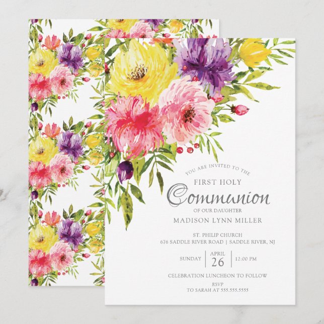 Spring Garden Floral First Communion Invitation (Front/Back)