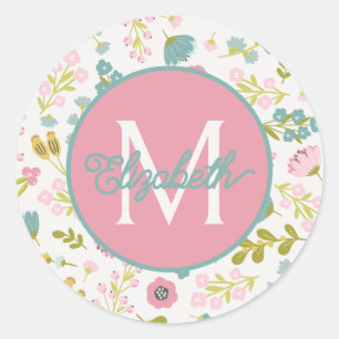 Spring Garden Floral Monogram Classic Round Sticker