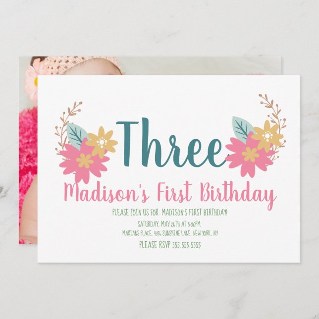 Spring Garden Floral Pink Party 3rd Birthday Invitation (Front/Back)
