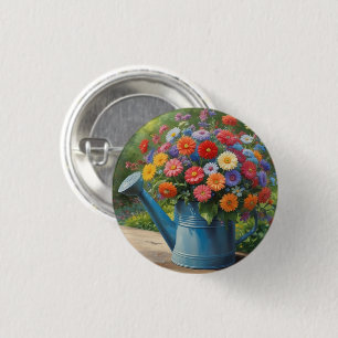 Spring Garden Flowers in Watering Can Watercolor 1 Inch Round Button