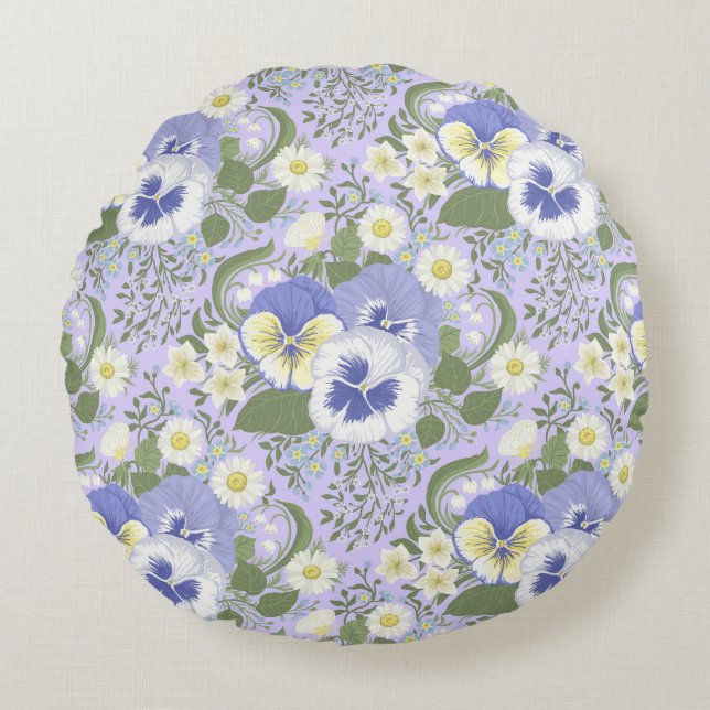 Spring Garden flowers on lavender Round Pillow (Front)