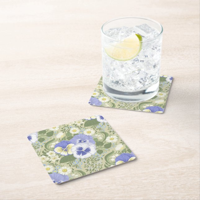Spring Garden flowers on sage Square Paper Coaster (Insitu)