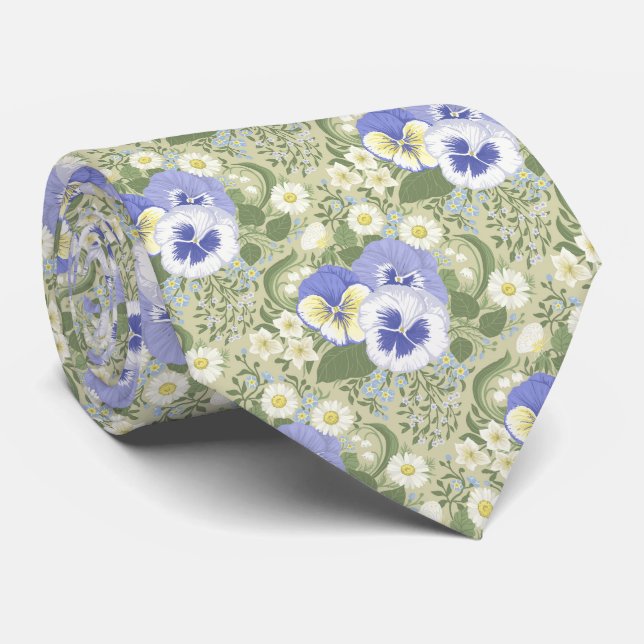 Spring Garden flowers on sage Tie (Rolled)