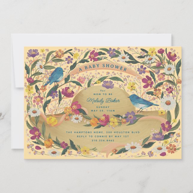 Spring Garden Flowers Sun Hat Yellow Baby Shower Invitation (Front)