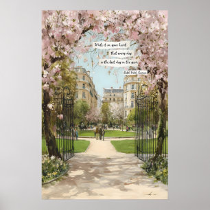 Spring Garden Gate Poster Cherry Blossom Trees