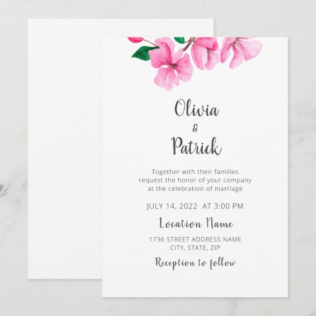 Spring Garden. Pink cherry blossom. Modern Wedding Invitation (Front/Back)