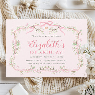 Spring Garden Pink & Green 1st Birthday Party  Invitation