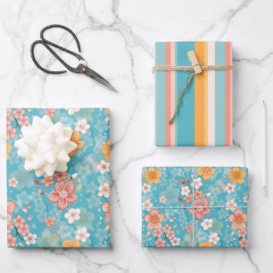 Spring Garden Turquoise Cherry Blossoms and Stripe Wrapping Paper Sheet