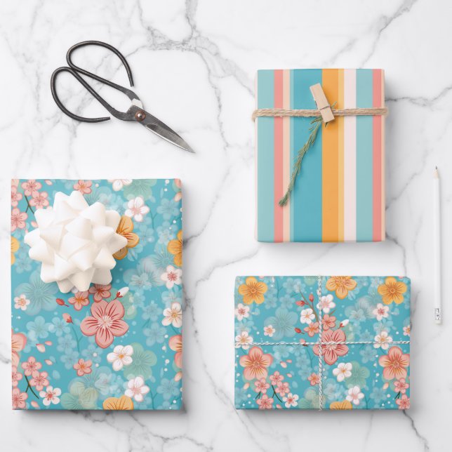 Spring Garden Turquoise Cherry Blossoms and Stripe Wrapping Paper Sheet (Front)