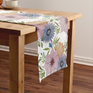Spring Garden Watercolor Blue Long Table Runner