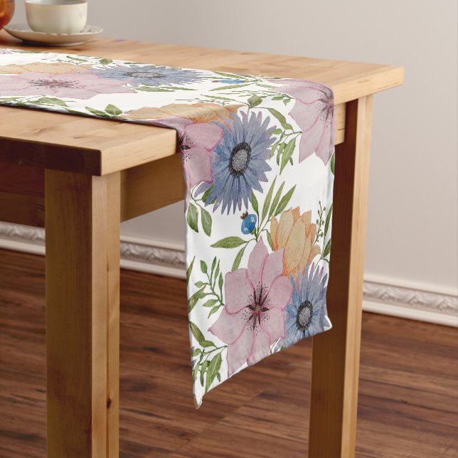 Spring Garden Watercolor Blue Long Table Runner (In Situ)