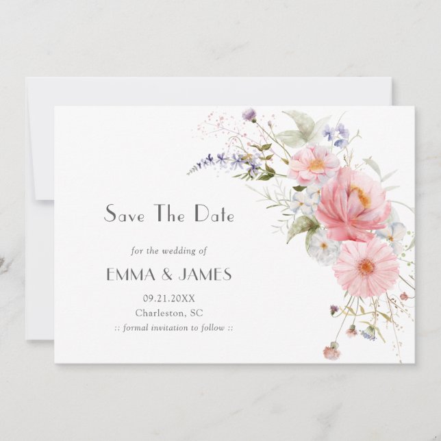 Spring Garden Wildflowers Pink White Wedding Save The Date (Front)