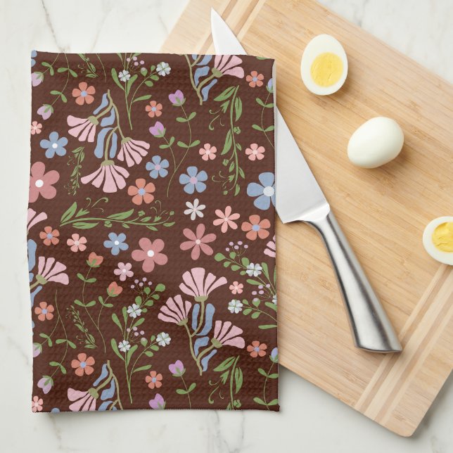 Spring Garden with Chocolate Brown Background Kitchen Towel (Quarter Fold)