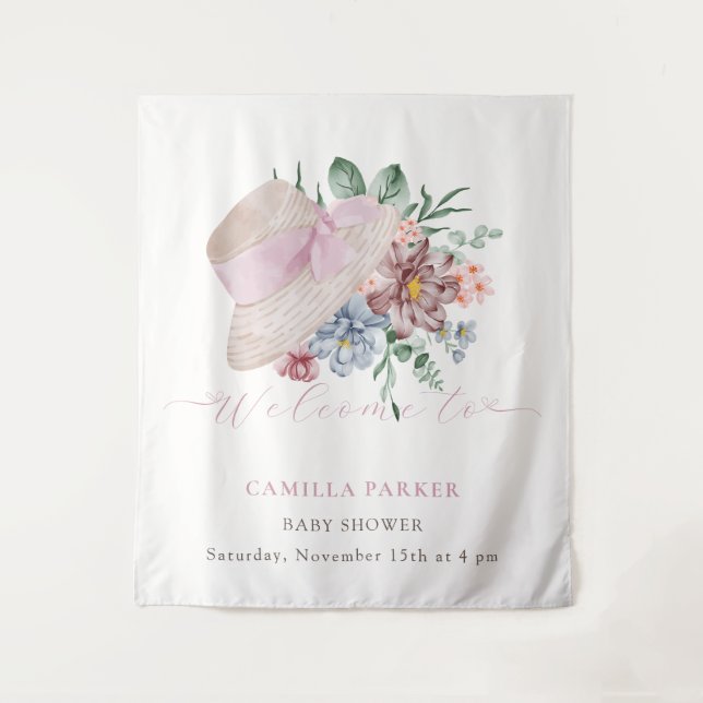 Spring Girl Garden Hat Baby Shower Welcome Sign Tapestry (Front)