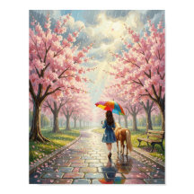 Spring - Girl with Umbrella and Pony in Rainy Park