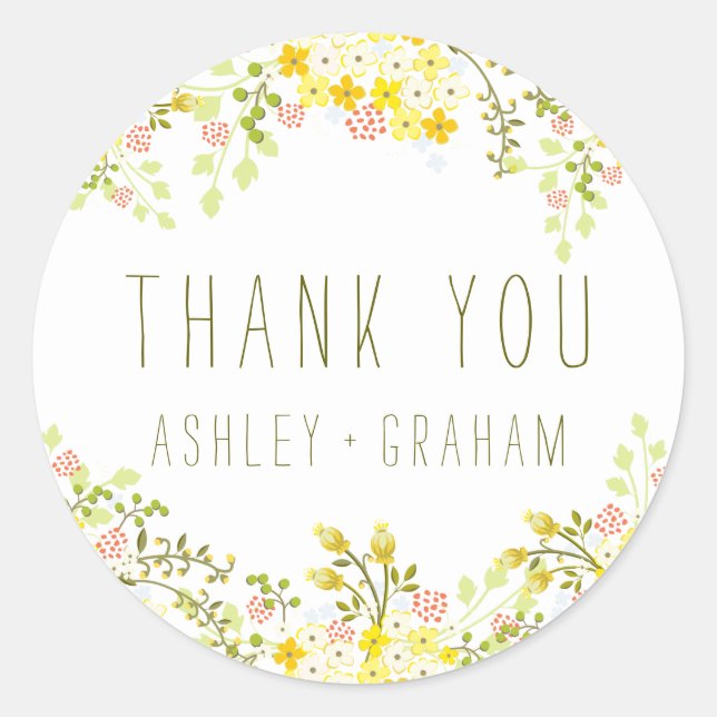 Spring Glory Floral Wedding Personalized Thank You Classic Round Sticker (Front)