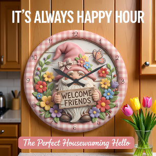 Spring Gnome Welcome Friends Large Clock