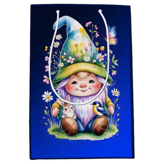 Spring Gnome with Bunny and Bluebird Medium Gift Bag (Front)