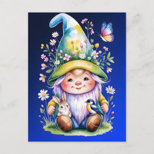 Spring Gnome with Bunny and Bluebird Postcard