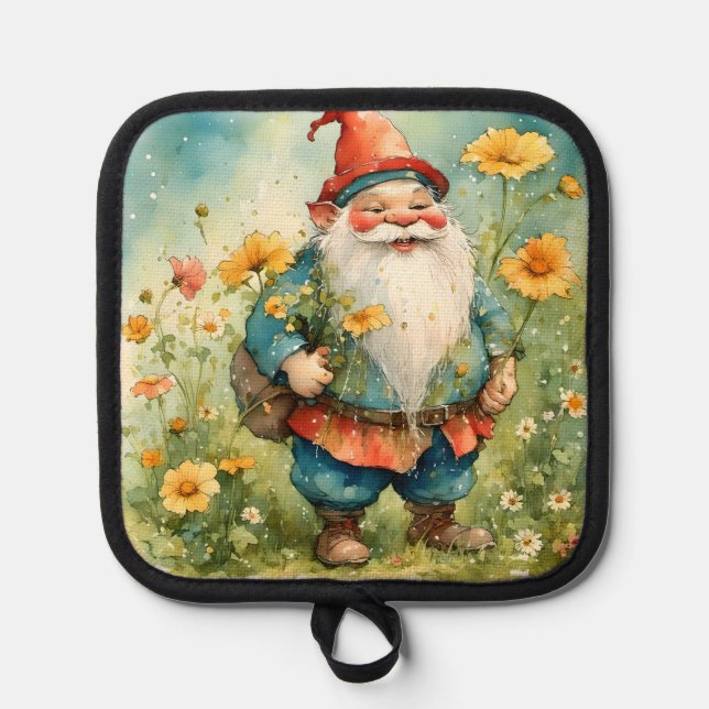 Spring Gnome With Flowers Pot Holder (Front)