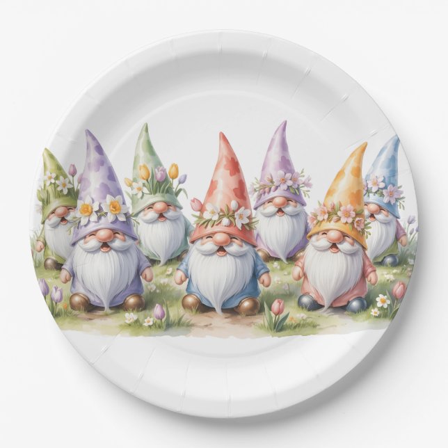 Spring Gnomes in a Meadow Paper Plate (Front)