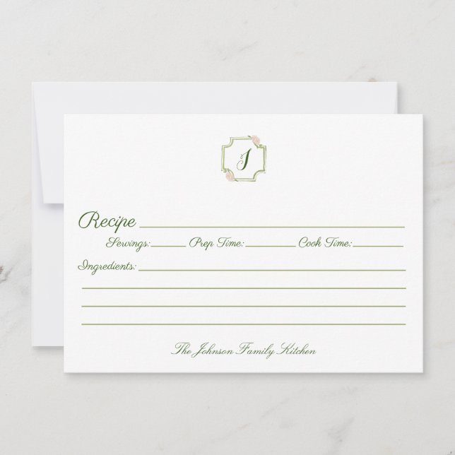 Spring Green and Pink Monogram Family Recipe Card (Front)