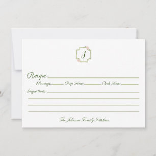 Spring Green and Pink Monogram Family Recipe Card