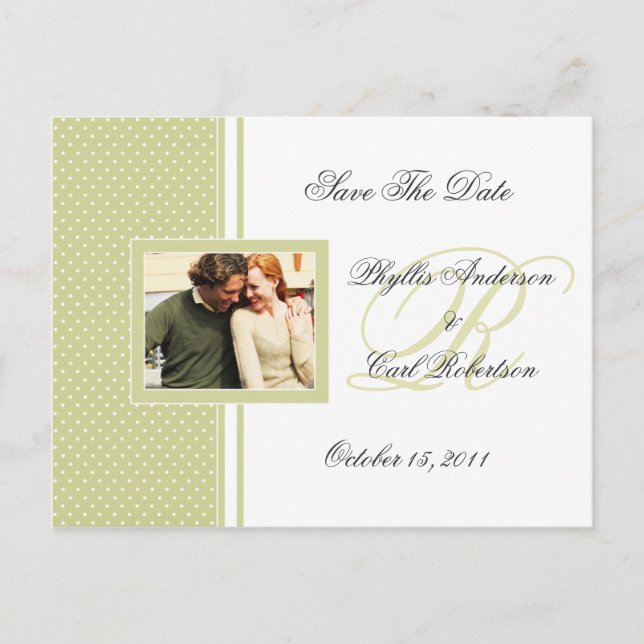 Spring Green and White Dotted Swiss Save The Date Announcement Postcard (Front)