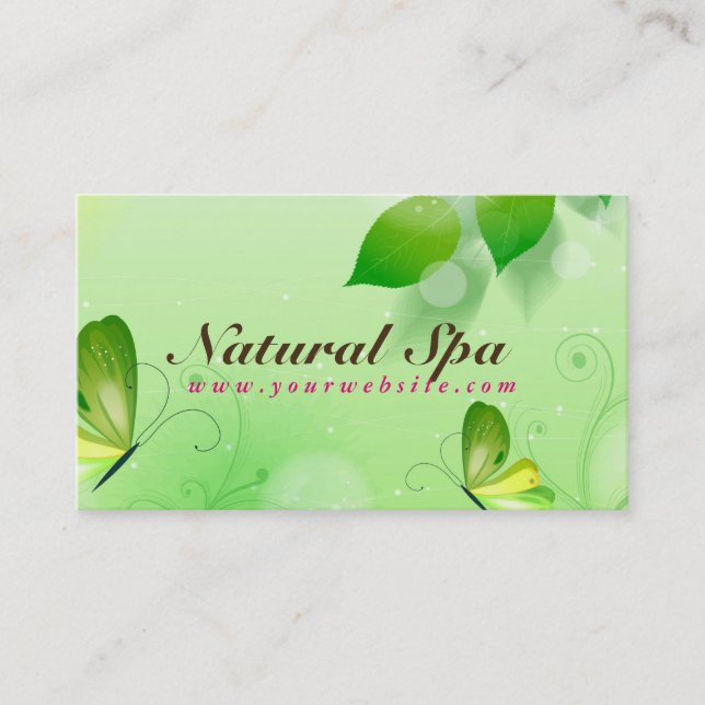 Spring Green Background With Butterfly Business Card (Front)