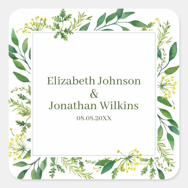 Spring Green Botanical Herbs Wedding Square Sticker (Front)