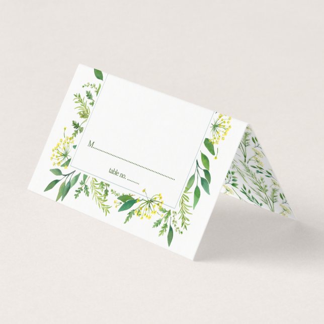 Spring Green Botanical Herbs Wedding Table Cards (Front)