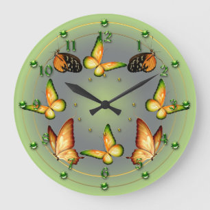 Spring Green Butterflies Large Clock
