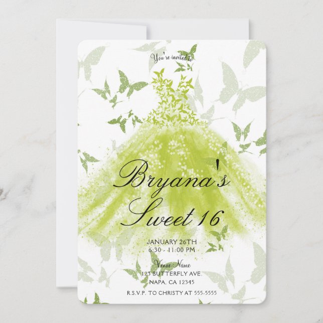 Spring Green Butterfly Dance Dress Sweet 16  Invitation (Front)