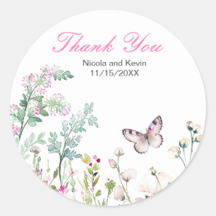 Spring Green Butterfly Floral Wedding Classic Round Sticker