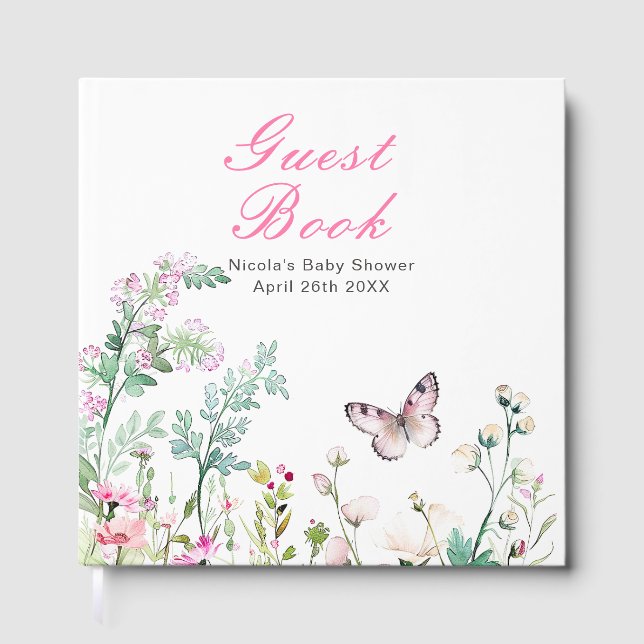 Spring Green Butterfly Floral Wedding Guest Book (Front)