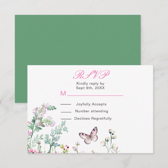 Spring Green Butterfly Floral Wedding RSVP Card (Front/Back)