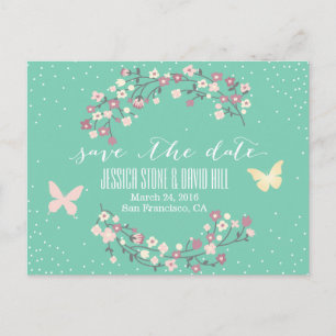 Spring Green Butterfly & Flowers Save the Date Announcement Postcard