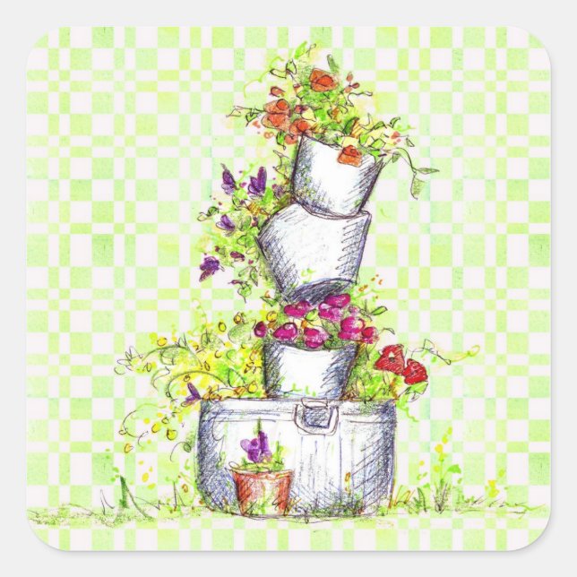 Spring Green Check Flower Garden Bucket Square Sticker (Front)
