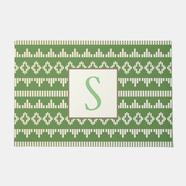 Spring Green & Cream Geometric | Monogram Doormat (Front)