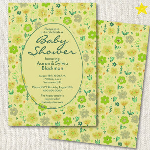 Spring Green Flower Doodle Drawings Baby Shower Invitation