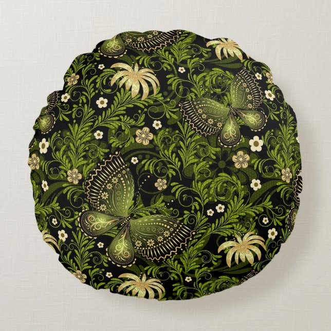 Spring Green-gold Pattern Round Pillow (Front)