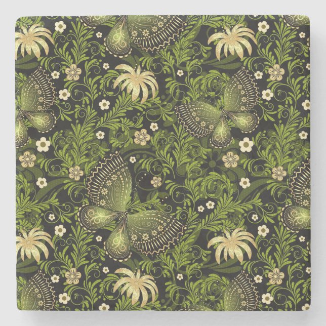 Spring Green-gold Pattern Stone Coaster (Front)
