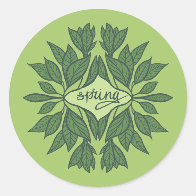 Spring Green Leaves Aesthetic Typography Classic Round Sticker (Front)