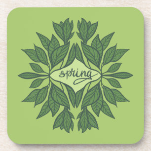 Spring Green Leaves Aesthetic Typography Coaster