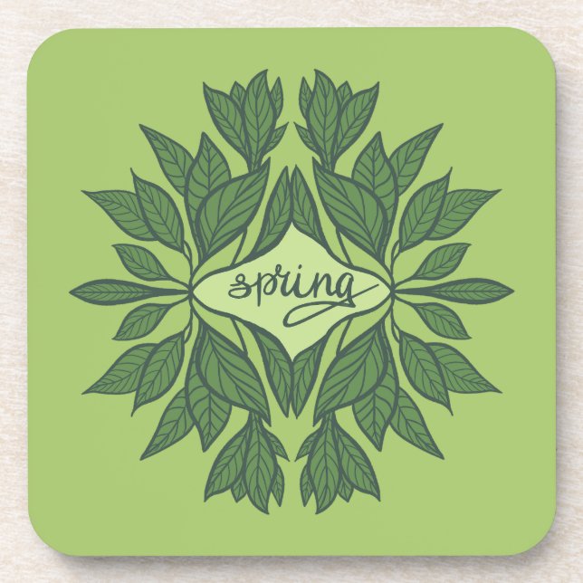 Spring Green Leaves Aesthetic Typography Coaster (Front)